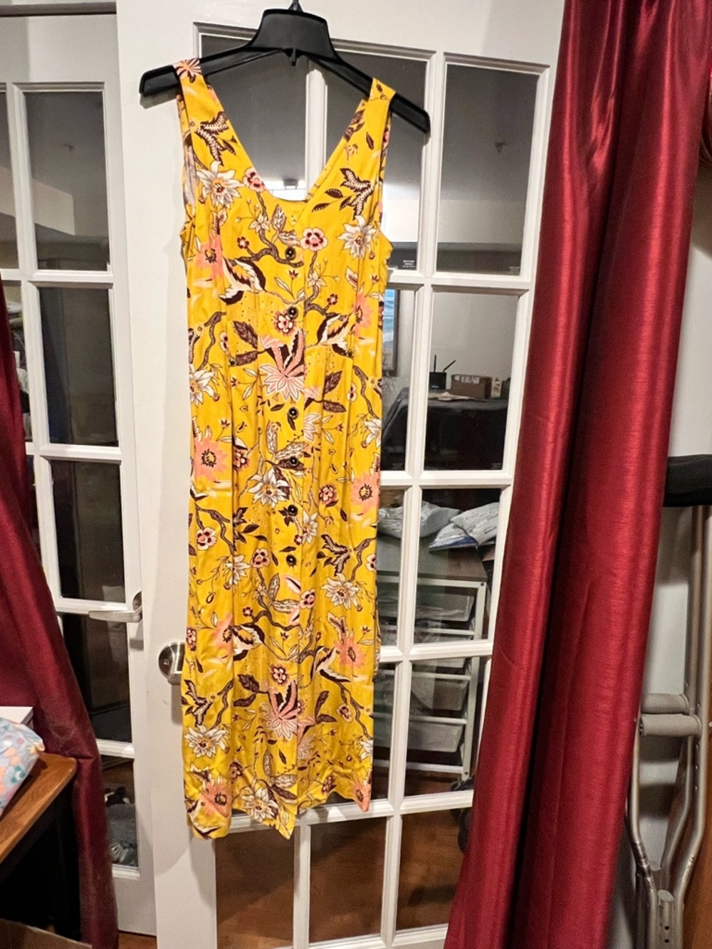 Karen Millen Yellow Floral V-Neck Maxi Dress with Pink & Black Accents